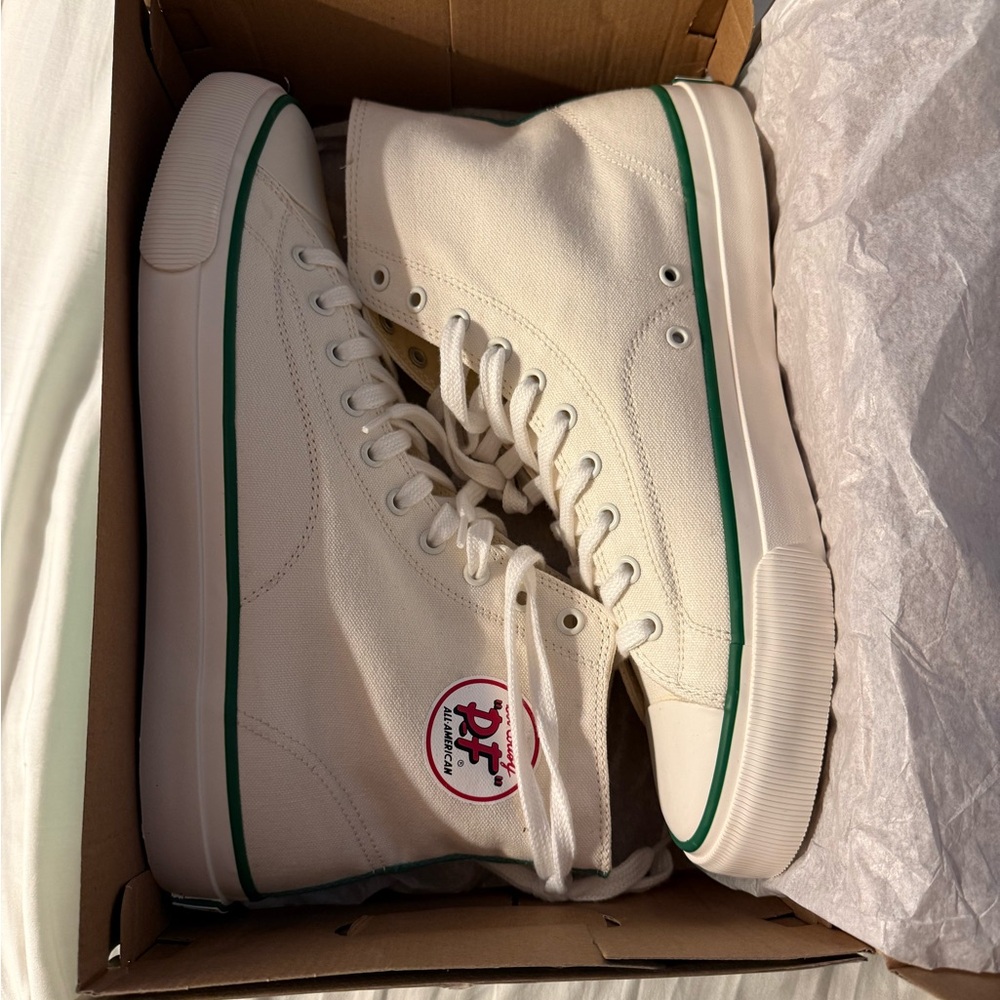 P.F. Flyers White Canvas Bob Cousy High-Tops with Green Trim